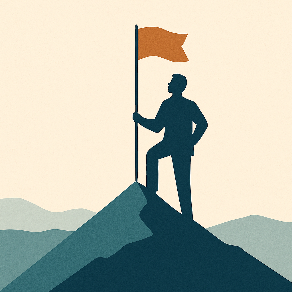 Person on mountain top placing flag to claim evolving identity