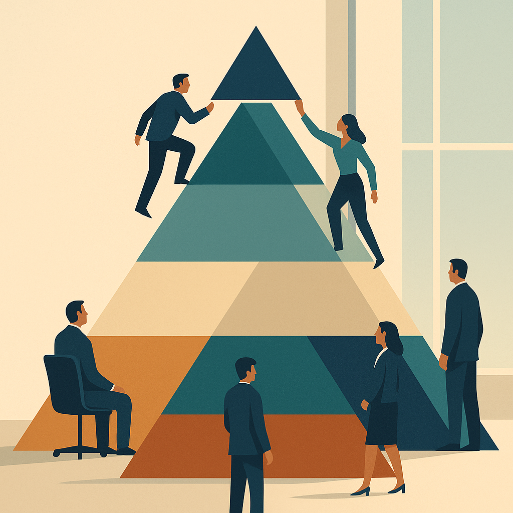 Illustration of professionals collaborating around a five-layered pyramid structure in a modern office setting, symbolizing team effectiveness and strategic design.